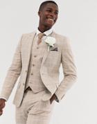 Asos Design Wedding Skinny Suit Jacket In Camel Linen Windowpane Check-beige