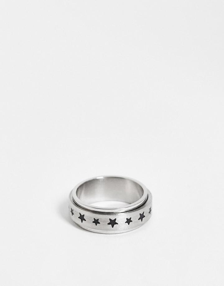 Asos Design Movement Band Ring With Star Emboss In Silver Tone