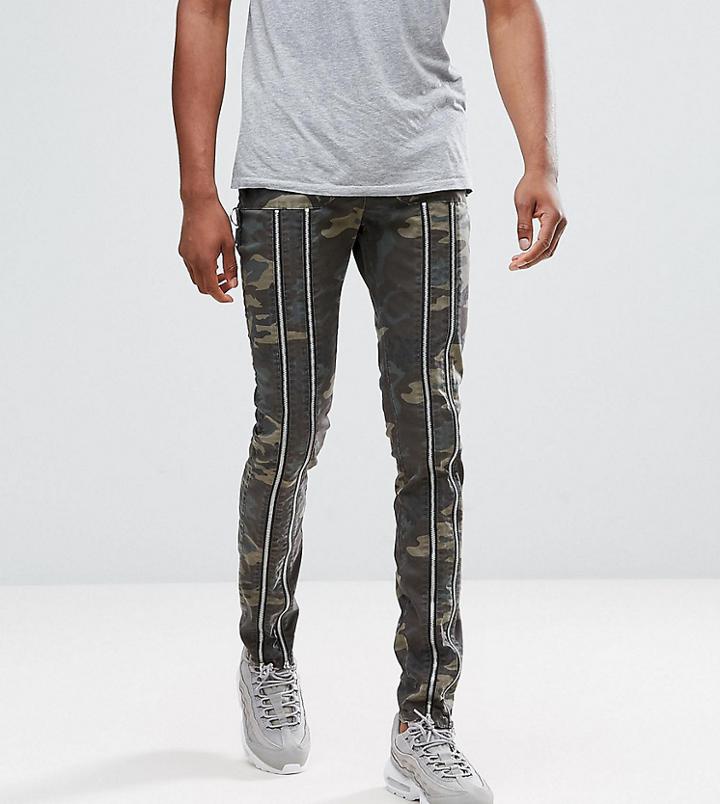 Asos Tall Skinny Pants With Zip Detail And Camo Print - Green