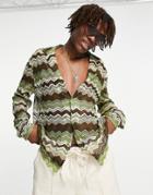 Asos Design Relaxed Chevron Lace 70s Stripe Shirt With Deep Revere-green