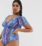 Asos Design Curve Flutter Sleeve Supportive Swimsuit In Pastel Neon Snake Print-multi