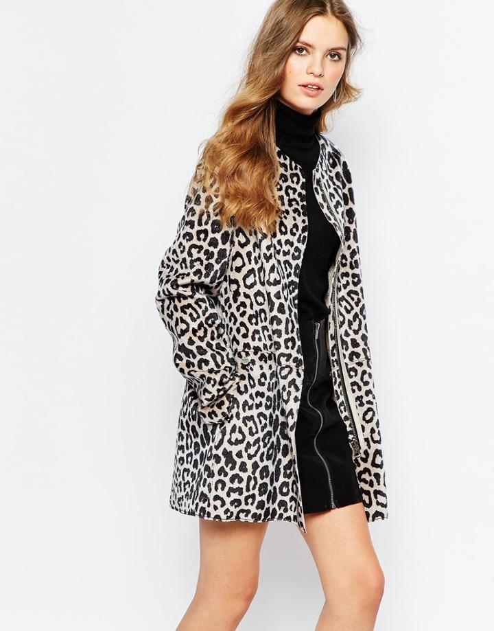 Pepe Jeans Leopard Print Pony Faux Fur Coat - Beige