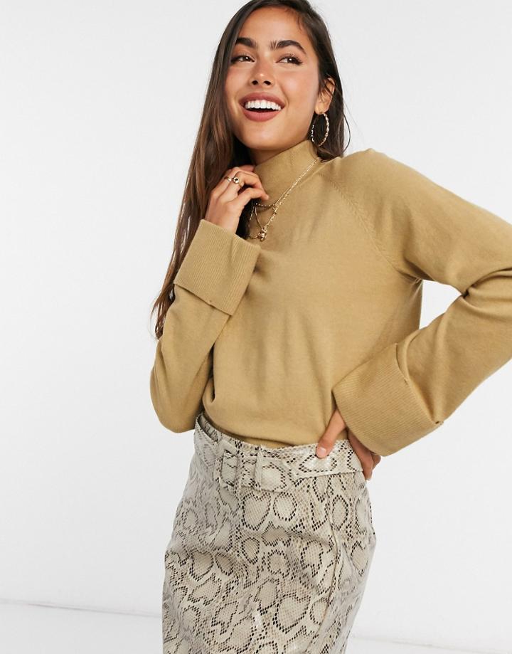 Vila Knitted Sweater With Folded Cuffs In Brown
