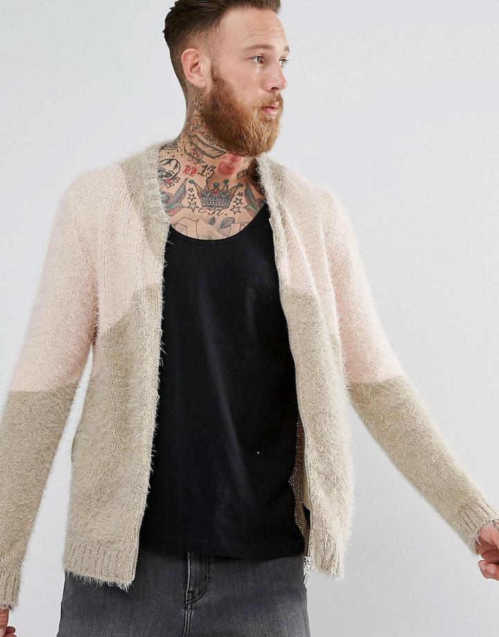 Asos Knitted Bomber Jacket In Fluffy Yarn - Pink