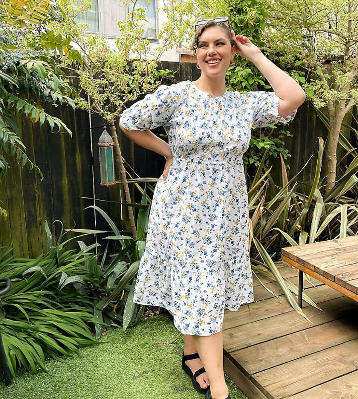 Influence Plus Cotton Poplin Tiered Midi Dress In Blue Floral-multi