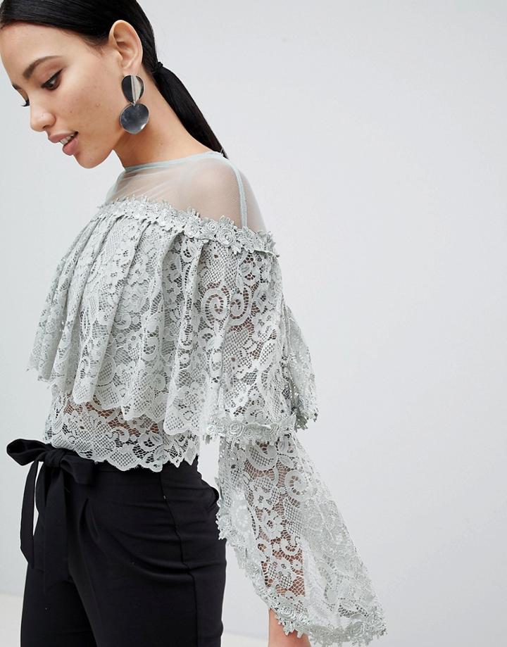 Club L Crochet Sleeve Top With Mesh Upper - Blue