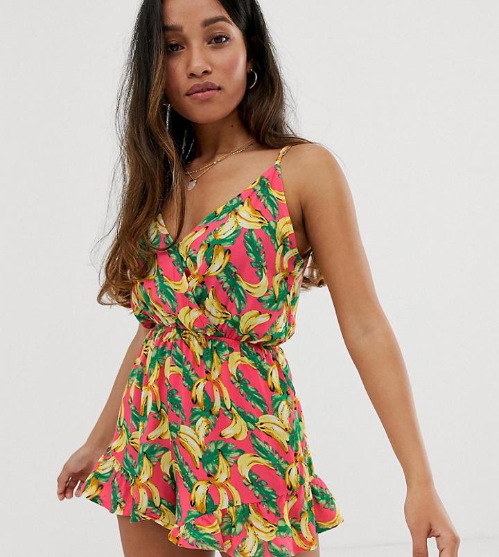 Parisian Petite Cami Strap Romper In Banana Print - Multi