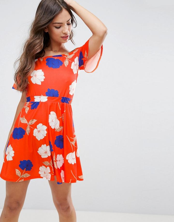 Asos Off Shoulder Skater Sundress In Red Floral Print - Multi