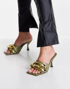 Asos Design Heather Chain Detail Heeled Mules In Khaki-green