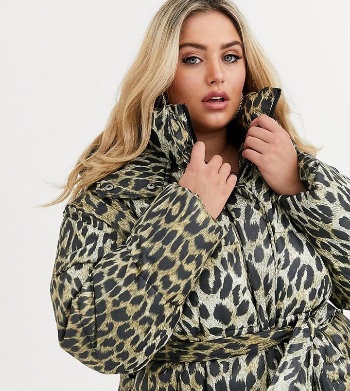 Asos Design Curve Animal Puffer Jacket With Tie Waist-multi