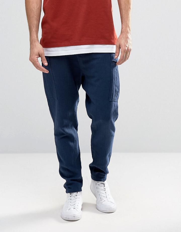Asos Slim Drop Crotch Cargo Pants In Navy Linen Mix - Navy