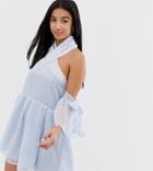 Lost Ink Petite Cold Shoulder Halterneck Mini Dress In Gold Flecked Fabric-blue