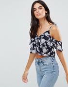 Influence Cold Shoulder Floral Button Front Crop Top - Navy