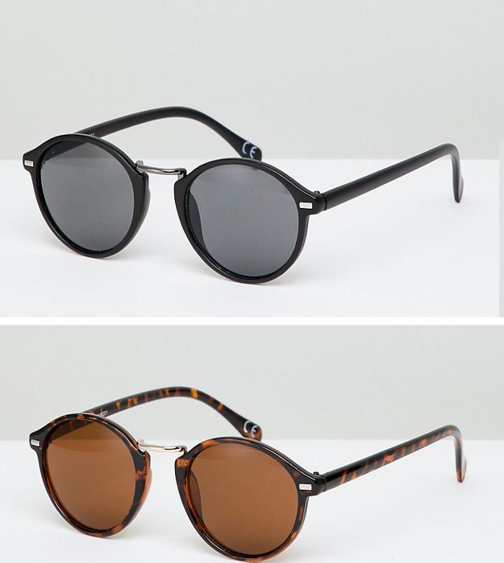 Asos Design Round Sunglasses 2 Pack In Black & Tort Save - Black