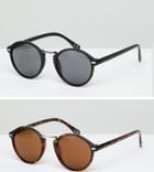 Asos Design Round Sunglasses 2 Pack In Black & Tort Save - Black