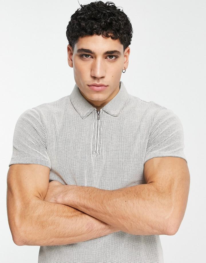 Asos Design Textured Waffle Polo With Zip In Beige-neutral