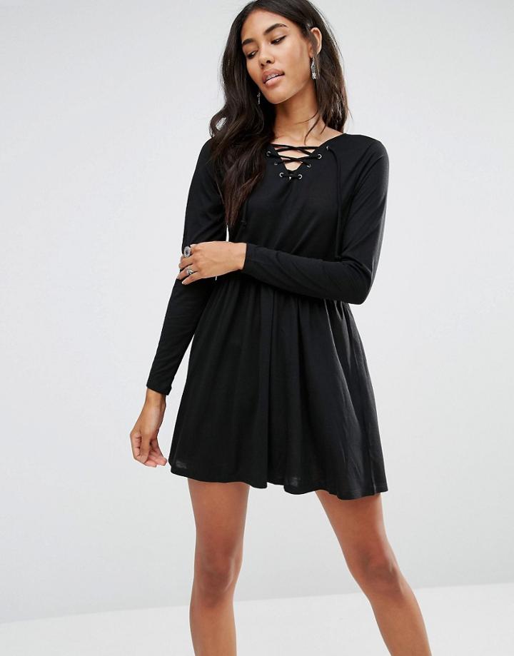 Brave Soul Lace Up Skater Dress - Black
