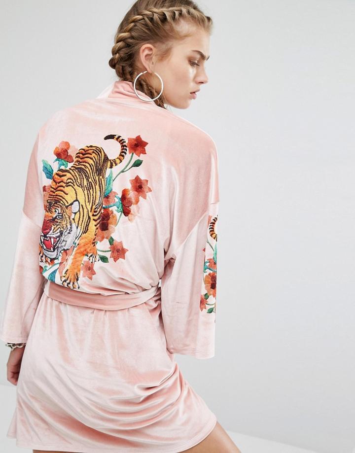Jaded London Velvet Trophy Kimono With Tiger Back Co-ord - Pink