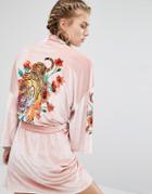 Jaded London Velvet Trophy Kimono With Tiger Back Co-ord - Pink