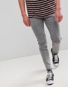D-struct Skinny Frayed Hem Knee Rip Jeans - Black