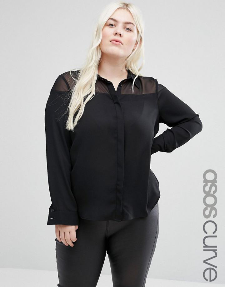 Asos Curve Sheer Yoke Detail Blouse - Black