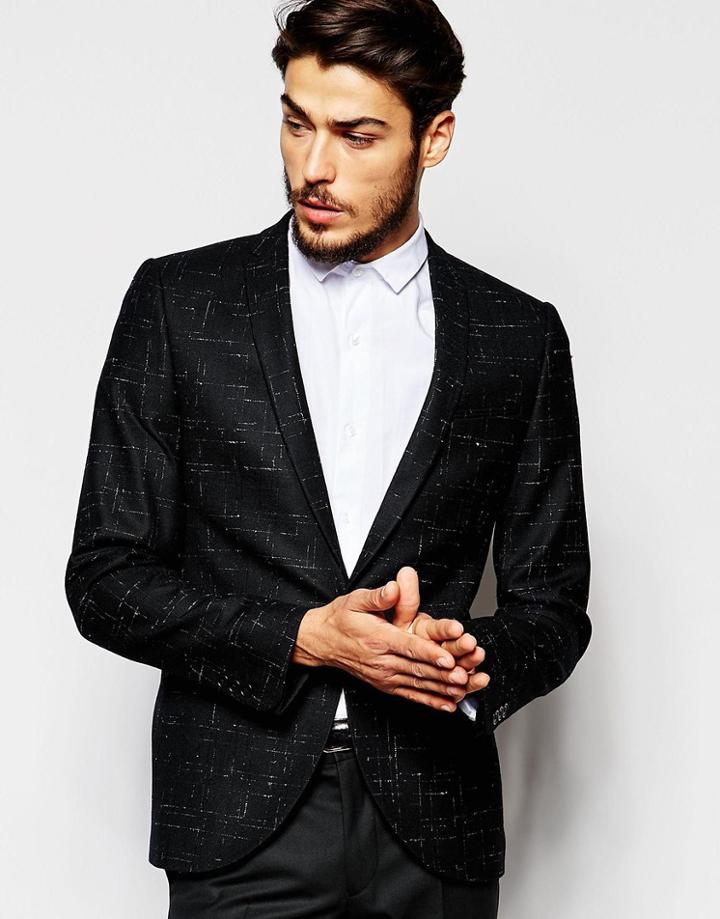 Noak Blazer With Peak Lapel In Skinny Fit With Cross Fleck - Black