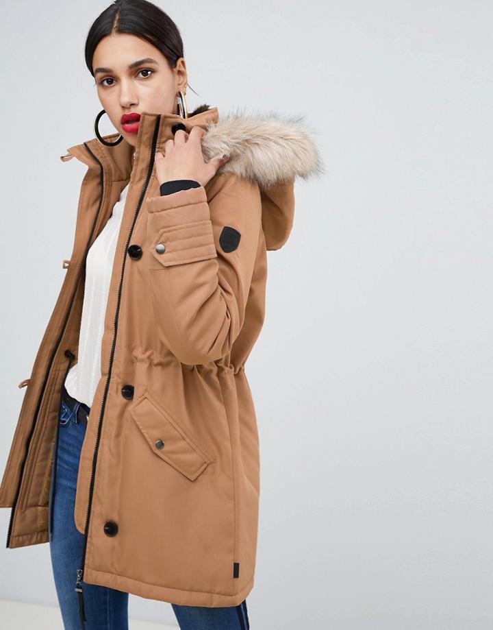Vero Moda Faux Fur Hooded Parka - Tan