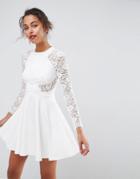 Asos Premium Mini Scuba Skater Dress With Lace Sleeves - White