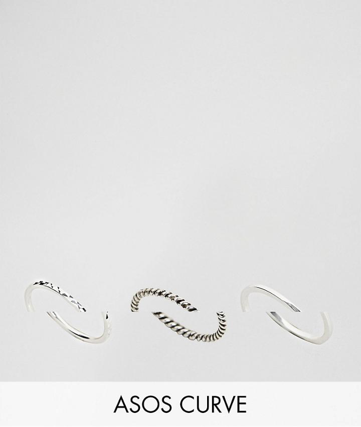 Asos Curve Sterling Silver Pack Of 3 Fine Twist And Plain Rings - Silver