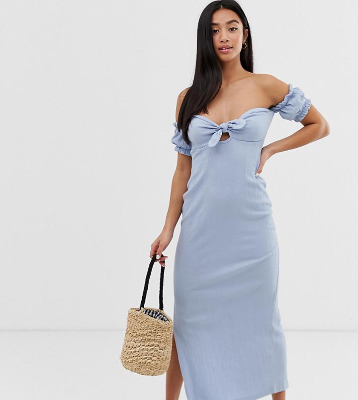 Asos Design Petite Off Shoulder Crinkle Maxi Sundress With Puff Sleeve - Blue