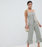 Asos Design Petite Cotton Frill Hem Jumpsuit With Square Neck And Button Detail In Stripe - Multi