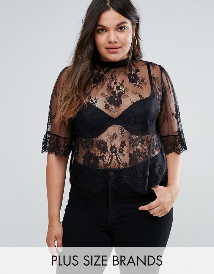 Club L Plus Lace Top With Ruffle Sleeve - Black