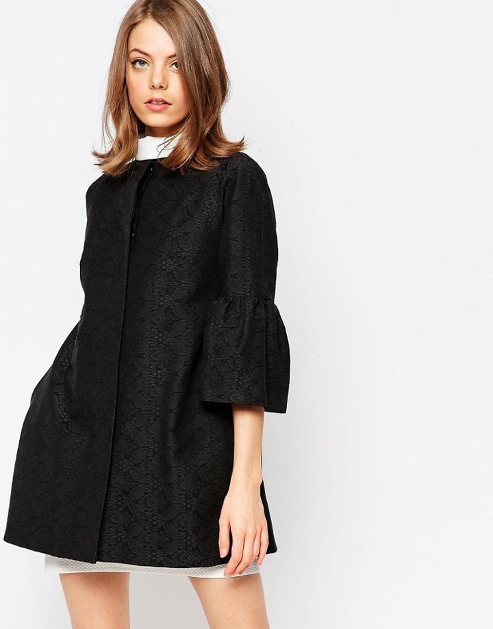 Helene Berman Fluted Sleeve Jacket In Black Damask - Black