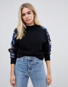 Wild Flower Turtleneck Sweater With Sequin Sleeve - Black
