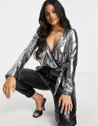Missguided Metallic Lame Wrap Blouse In Silver