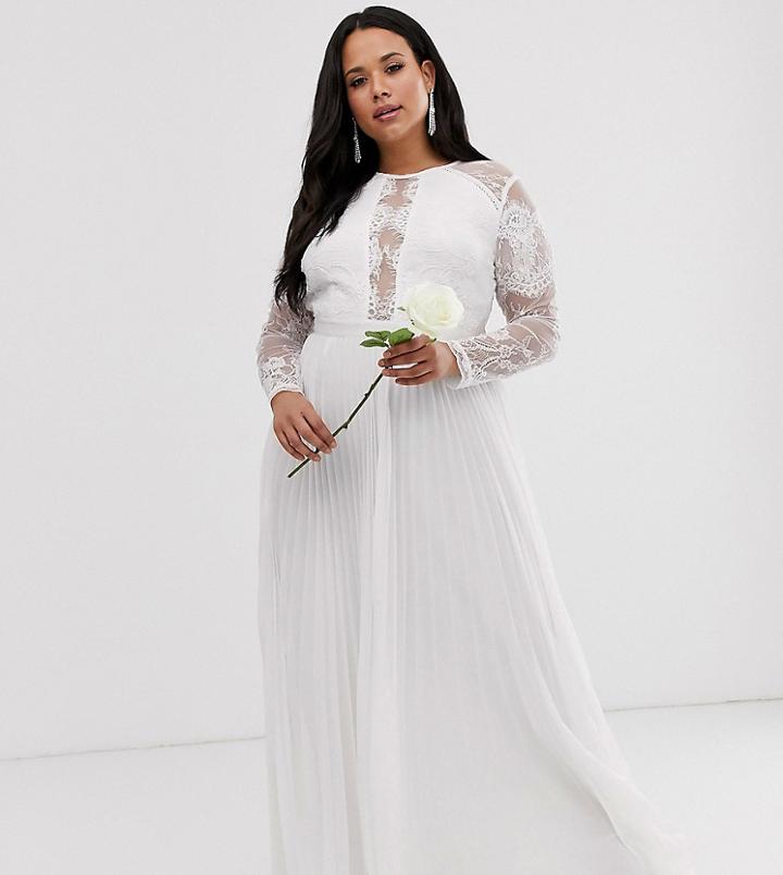 Asos Edition Curve Long Sleeve Lace Bodice Maxi Wedding Dress With Pleated Skirt-white