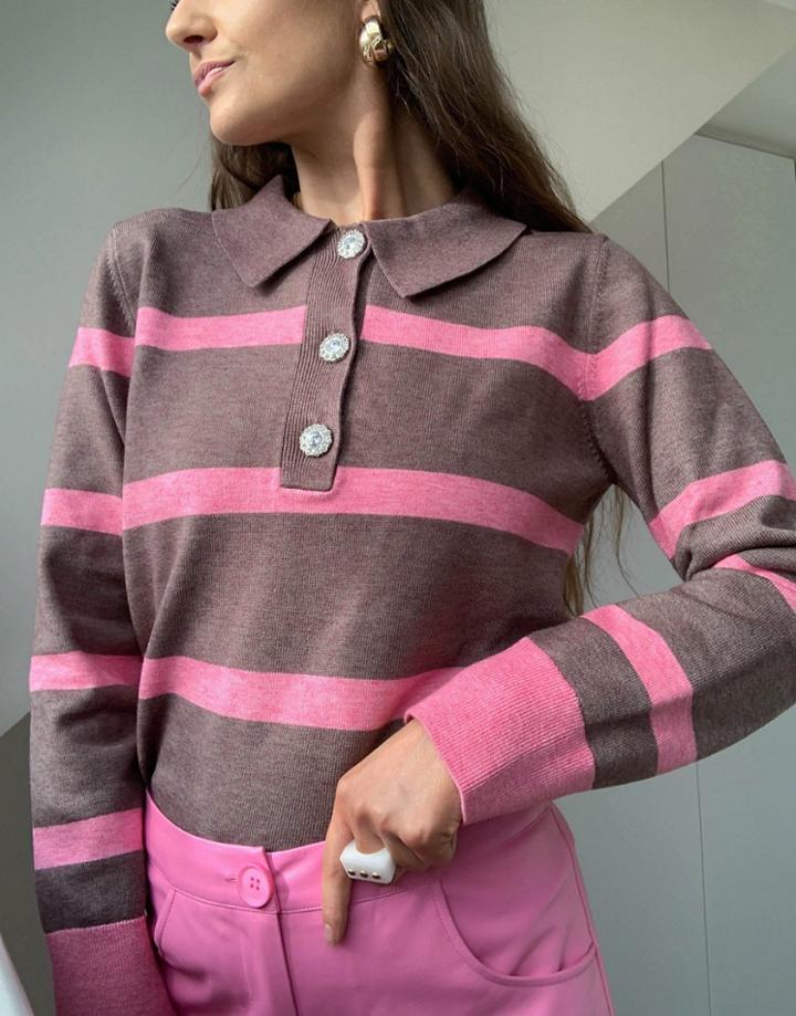 Asos Design Sweater With Collar And Placket With Jewel Buttons In Stripe-brown