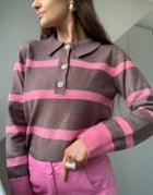 Asos Design Sweater With Collar And Placket With Jewel Buttons In Stripe-brown