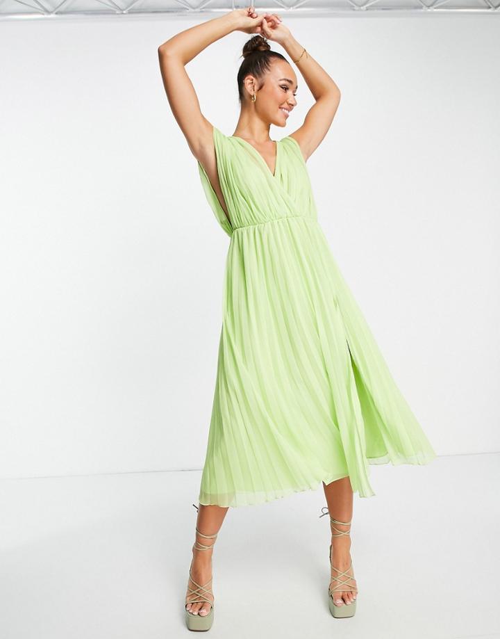 Asos Design Pleated Wrap Front Midi Dress In Light Green