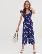 Asos Design Shirred Frill Sleeve Jumpsuit In Polka Dot - Multi