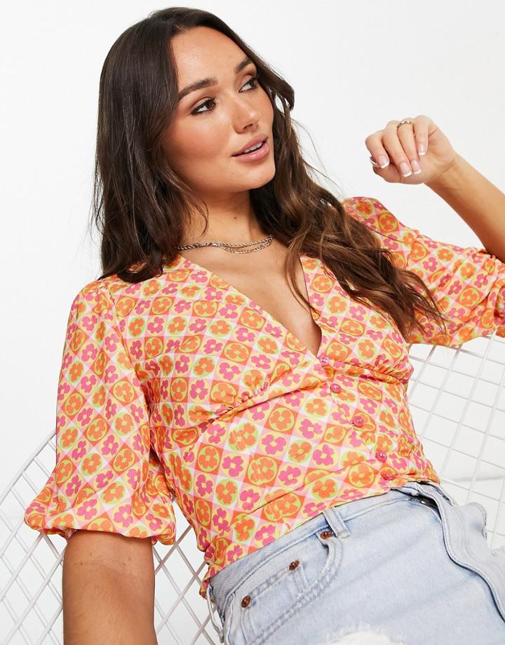 Asos Design Button Front Tea Blouse With Volume Sleeves And Tie Back Detail In Bright Tile Print-green