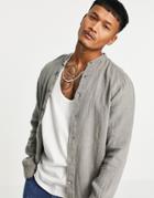 Pull & Bear Linen Shirt With Grandad Collar In Light Gray-grey