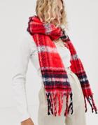 Asos Design Oversized Long Fluffy Red Plaid Check Scarf - Red