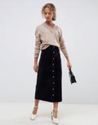 Asos Design Uncut Cord Button Through Midi Skirt In Washed Black-multi