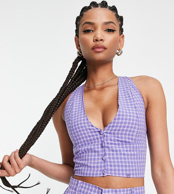 Heartbreak Tall Halter Neck Cropped Vest In Purple Check - Part Of A Set-black