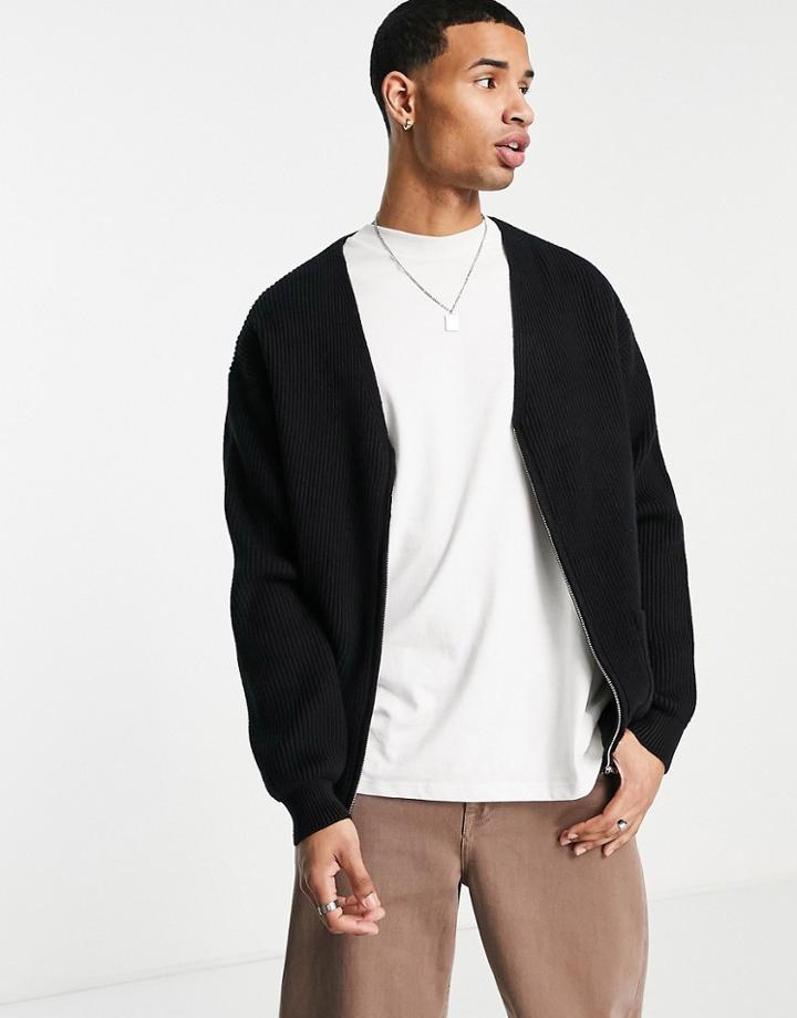 Topman Ribbed Zip Through Cardigan In Black