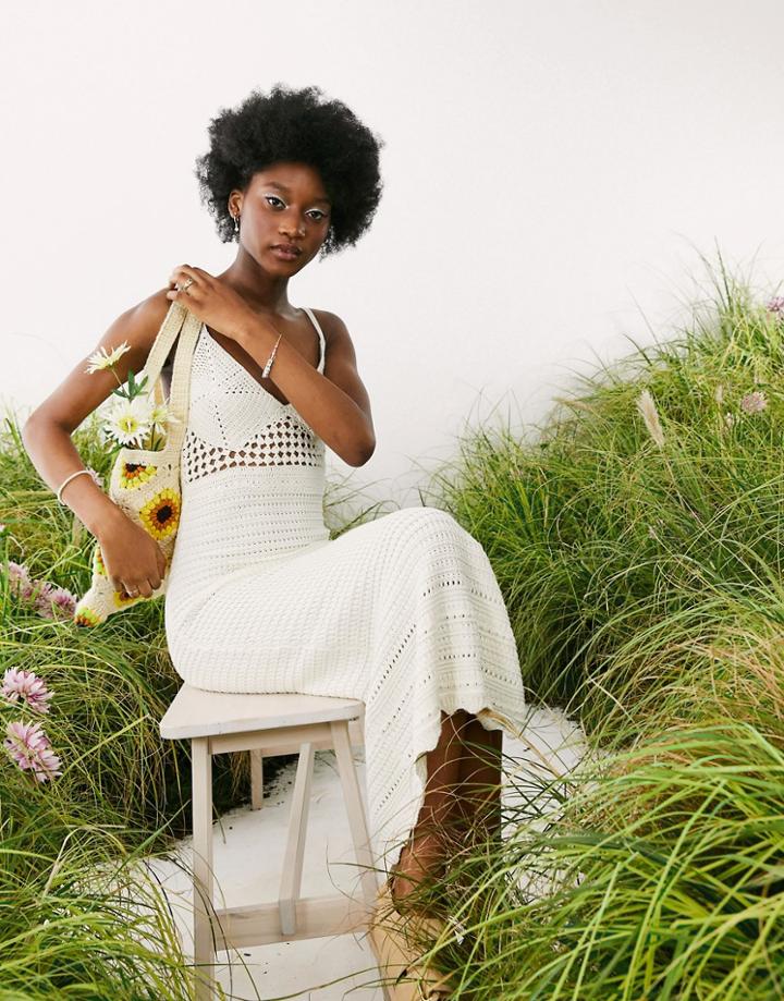 Asos Design Crochet Midi Dress In Cream-white