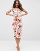 Asos Short Sleeve Floral Bardot Off The Shoulder Midi Dress - Multi