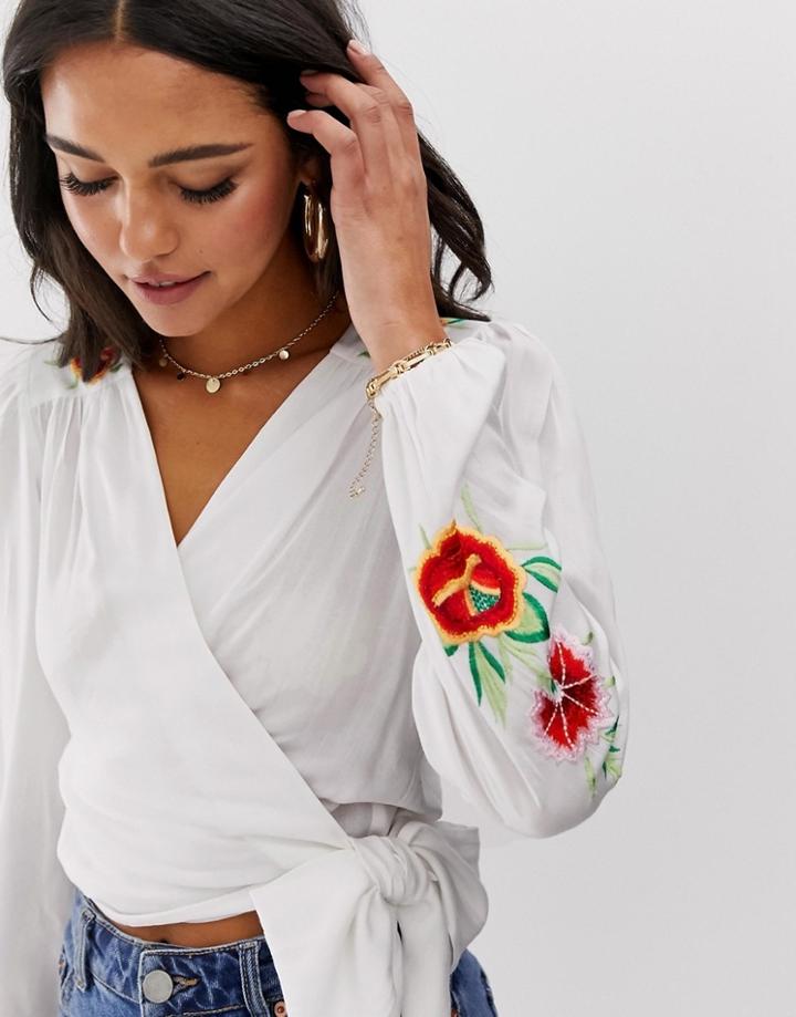 Asos Design Wrap Top With Floral Embroidery-multi