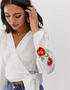 Asos Design Wrap Top With Floral Embroidery-multi